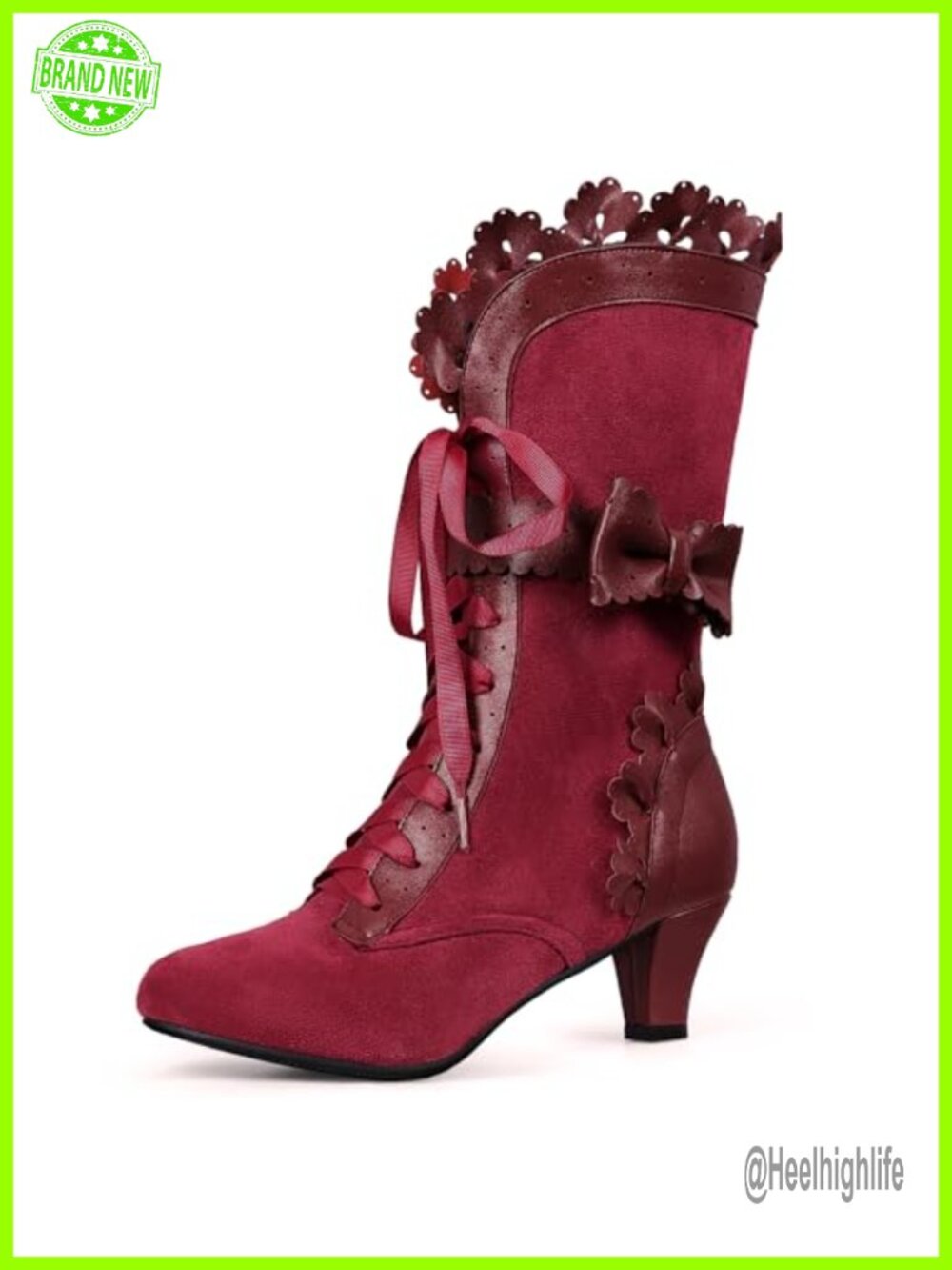 Women's Mid Calf Lace Up Boots Sweet Bow Mid Heels Victorian Kawaii